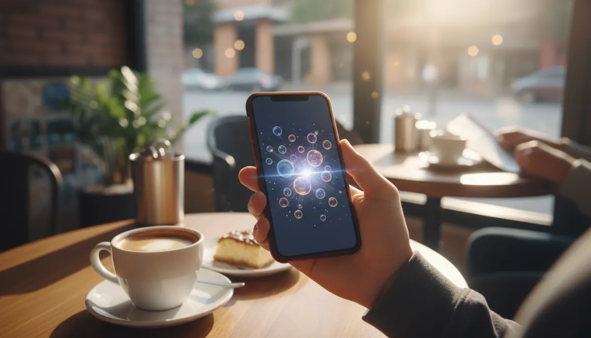 Eine Hand mit einem Handy, das ein Gespräch mit dem Assistenten zeigt, auf einem Café-Tisch