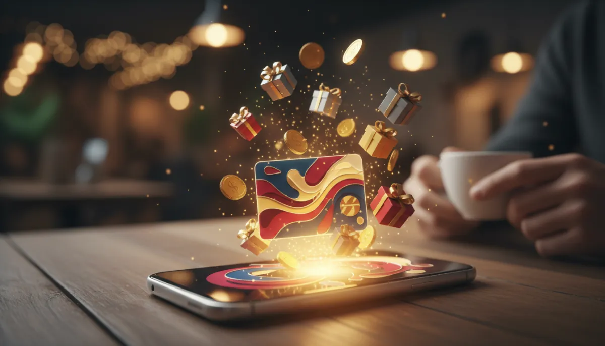 Handy mit einer Wallet-Karte auf dem Bildschirm, aus dem Münzen und Geschenkboxen kommen