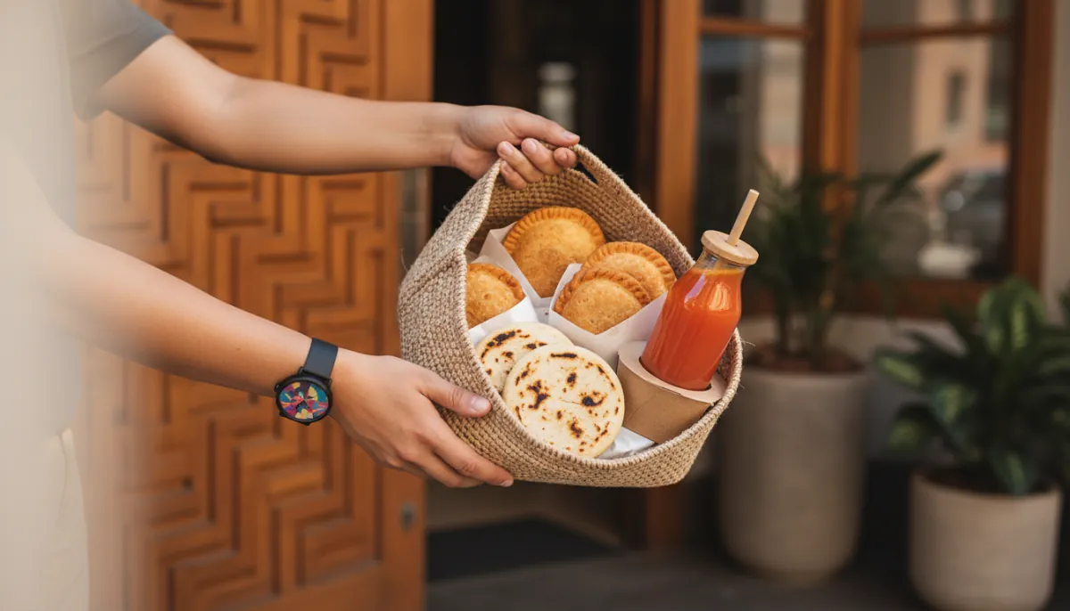 Arepas, Empanadas und Saft in Mitnahmeverpackungen in einer Liefertüte, die an der Haustür entgegengenommen wird