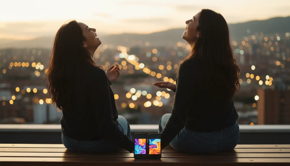 Two people seen from behind laughing on a city rooftop at sunset