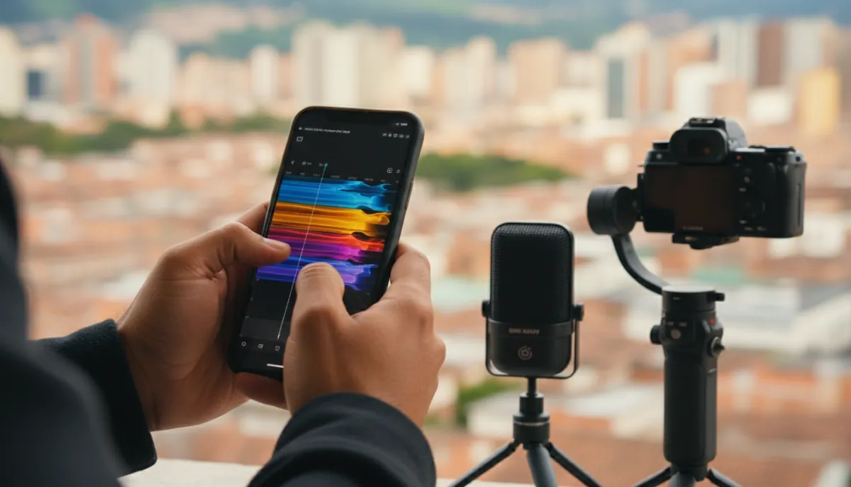 Hände, die ein Vertikalvideo auf dem Handy mit einer Mehrspur-Timeline schneiden, neben einem Mikrofon und einem Gimbal