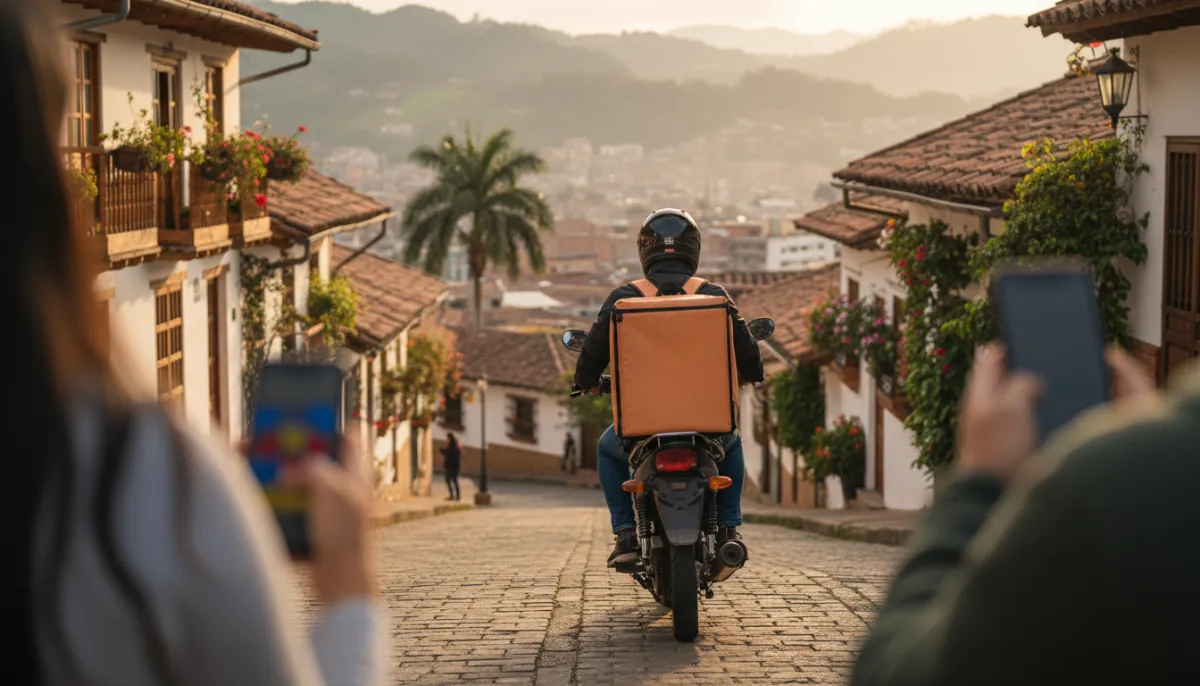 Lieferfahrer auf dem Motorrad, von hinten mit Thermorucksack, auf einer Bergstraße bei Sonnenuntergang