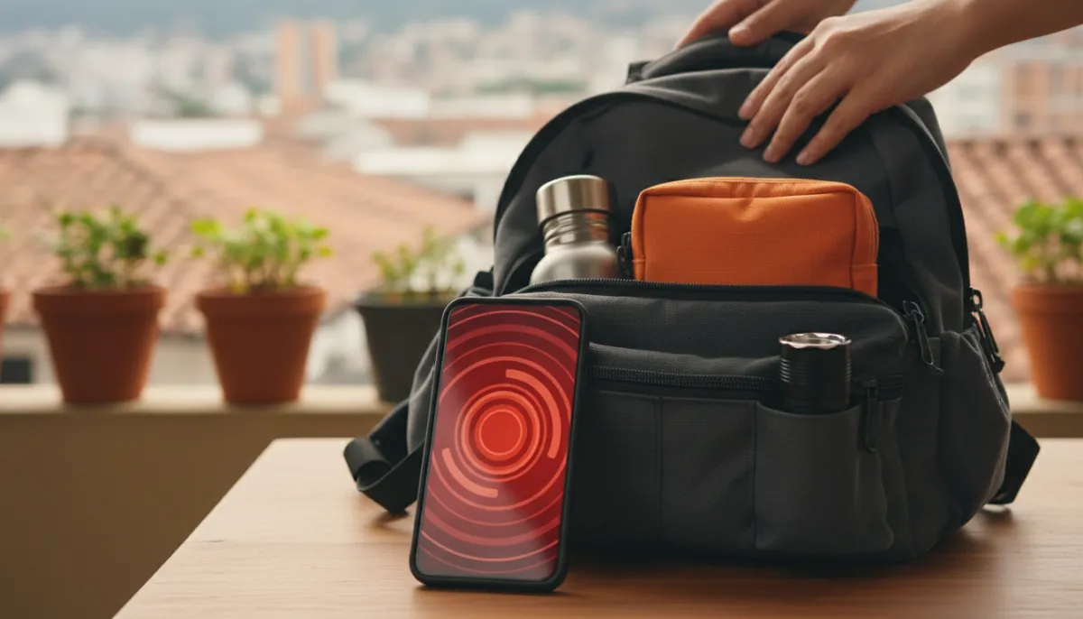 Handy mit roter Erdbebenwarnung neben einem Notfallrucksack mit Wasserflasche, Taschenlampe und oranger Tasche