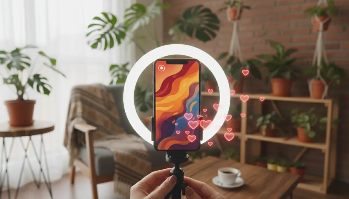 A phone on a tripod with a ring light streaming live in a cozy room with floating hearts