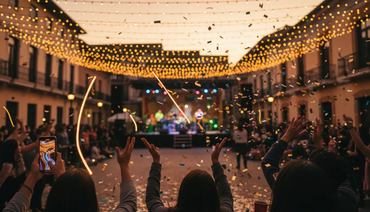 An outdoor night event in a plaza with string lights, a stage and a crowd seen from behind
