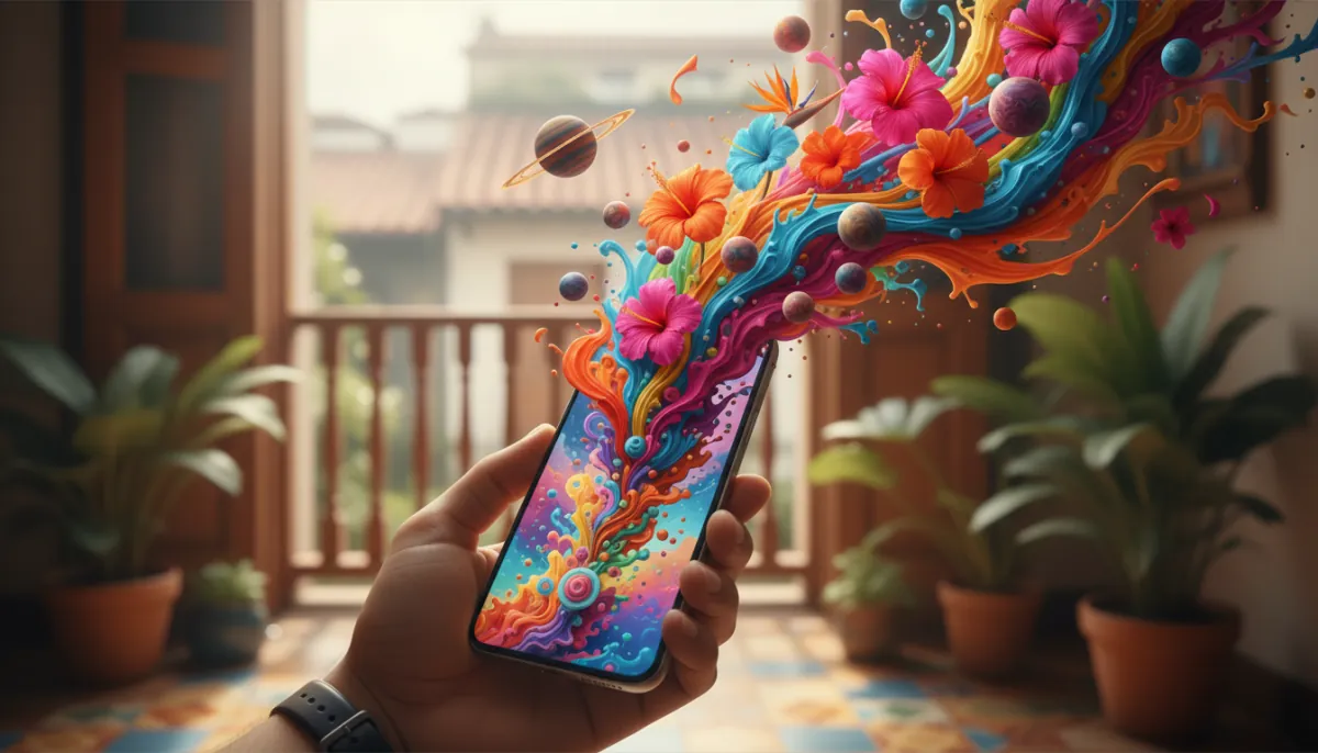 Farbenfrohes Kunstwerk mit Blumen, Planeten und Farbe, die aus einem Handybildschirm fließt