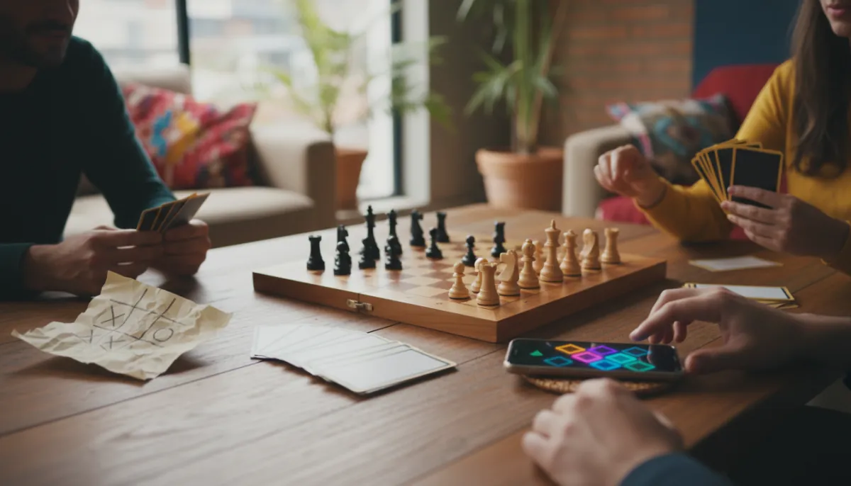 Spieleabend: Schachbrett, Tic-Tac-Toe auf Papier, Quizkarten und ein Handy mit Spielen