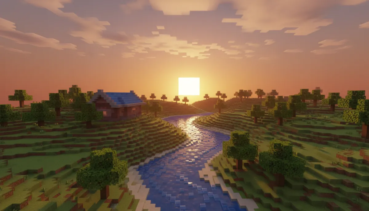 3D-Welt aus Blöcken mit grünen Hügeln, einem Blockhaus, kubischen Bäumen und einem Fluss bei Sonnenaufgang