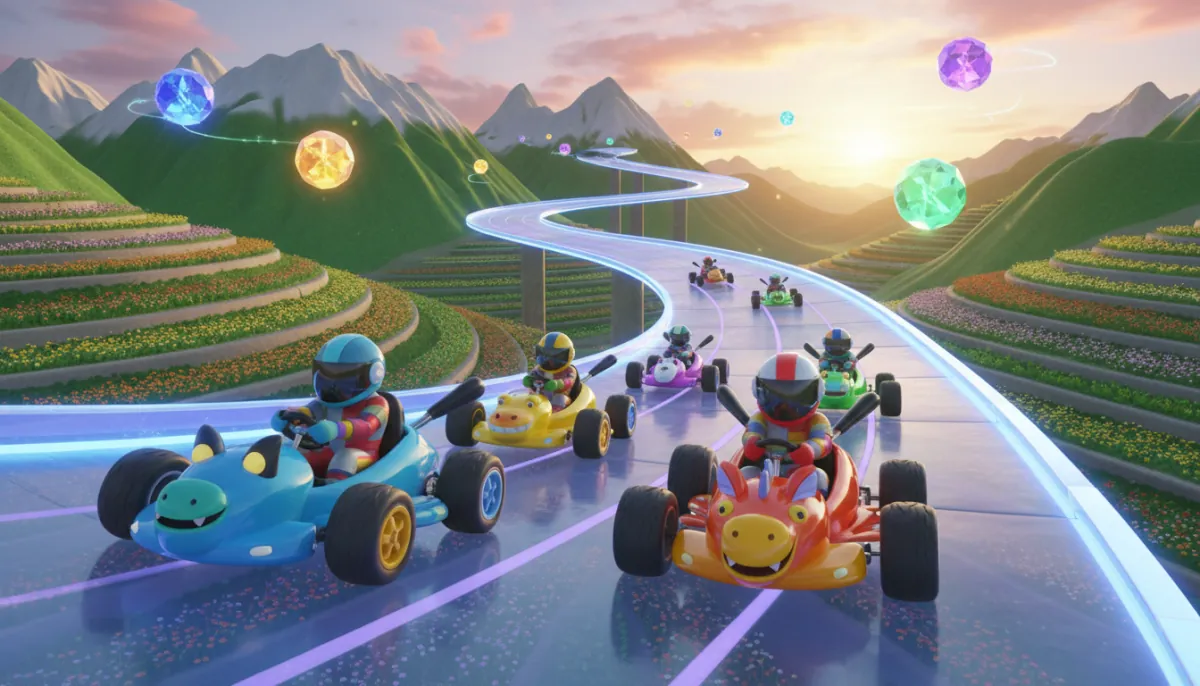 Bunte Karts im Rennen auf einer kurvigen Strecke zwischen grünen Bergen und Blumenfeldern