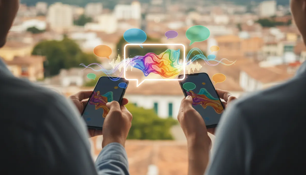Two hands with phones and chat bubbles, voice notes and a video call floating between them