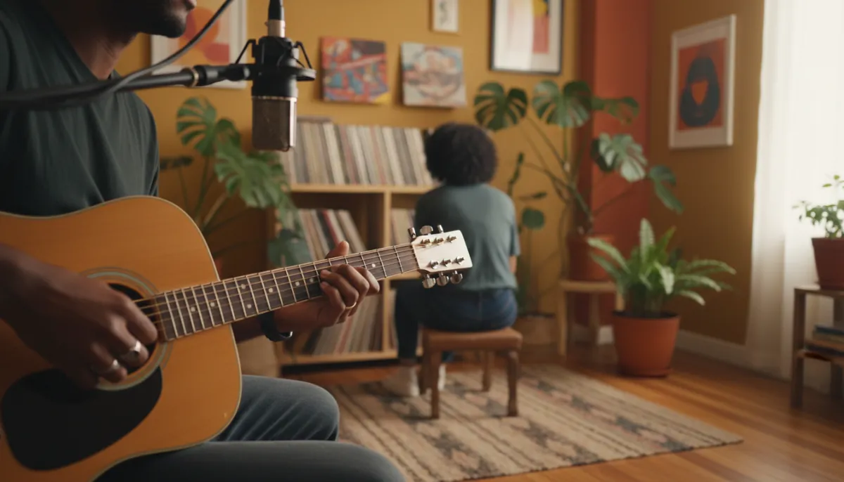 Hände eines Musikers, der in einem kleinen Studio Akustikgitarre spielt, mit Mikrofon und Schallplatten