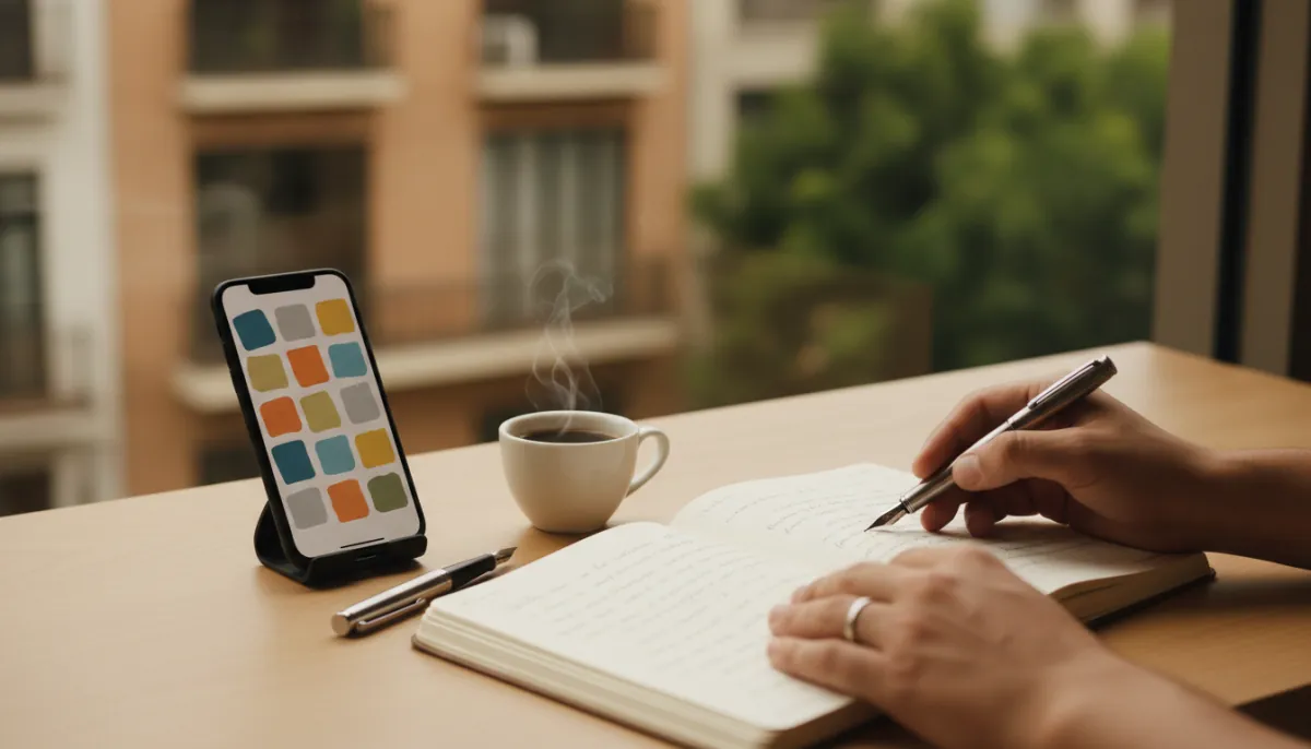 Minimalistischer Schreibtisch mit einem Handy mit Notizen, einem Stift, einer Tasse Kaffee und einem Notizbuch