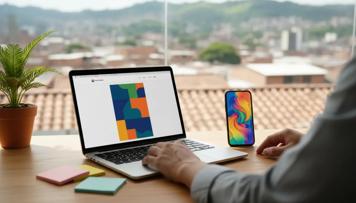 Laptop und Handy auf einem Schreibtisch mit dem Layout einer Website aus bunten Blöcken