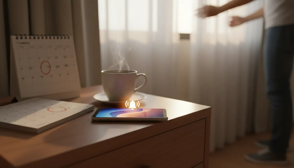Handy auf einem Nachttisch mit einer Benachrichtigungsglocke, einem Papierkalender und Kaffee bei Sonnenaufgang