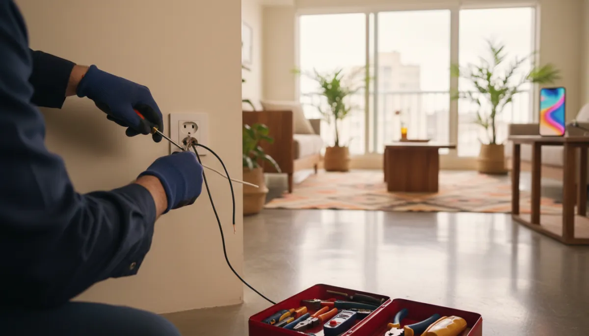 Hände eines Elektrikers, der in einer Wohnung mit Werkzeug eine Steckdose repariert