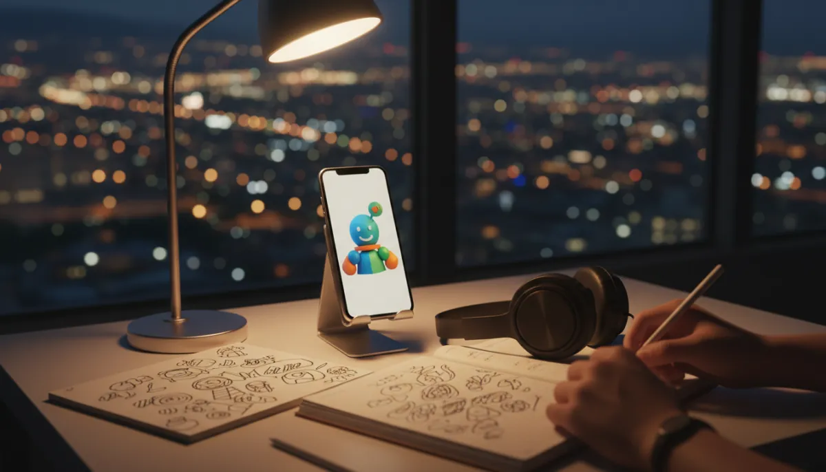 Lernschreibtisch bei Nacht mit einem Handy, das einen animierten Tutor zeigt, Heft, Kopfhörern und Lampe