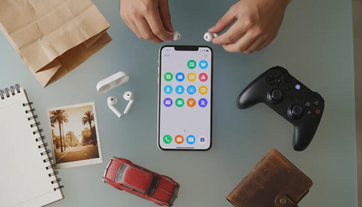 Handy mit einem Raster bunter Apps, umgeben von Objekten, die sie darstellen: Essenstüte, Kopfhörer, Gamecontroller, Spielzeug-Kart, Notizbuch, Foto, Helm und Geldbörse