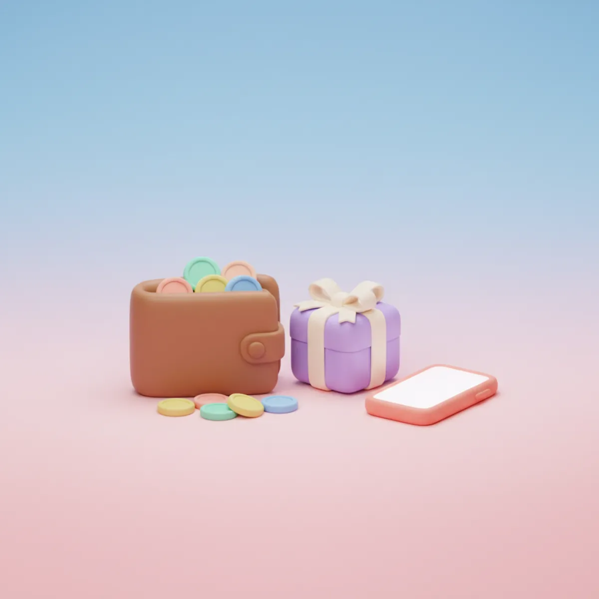 Ilustración de una billetera abierta con monedas y una caja de regalo junto a un celular