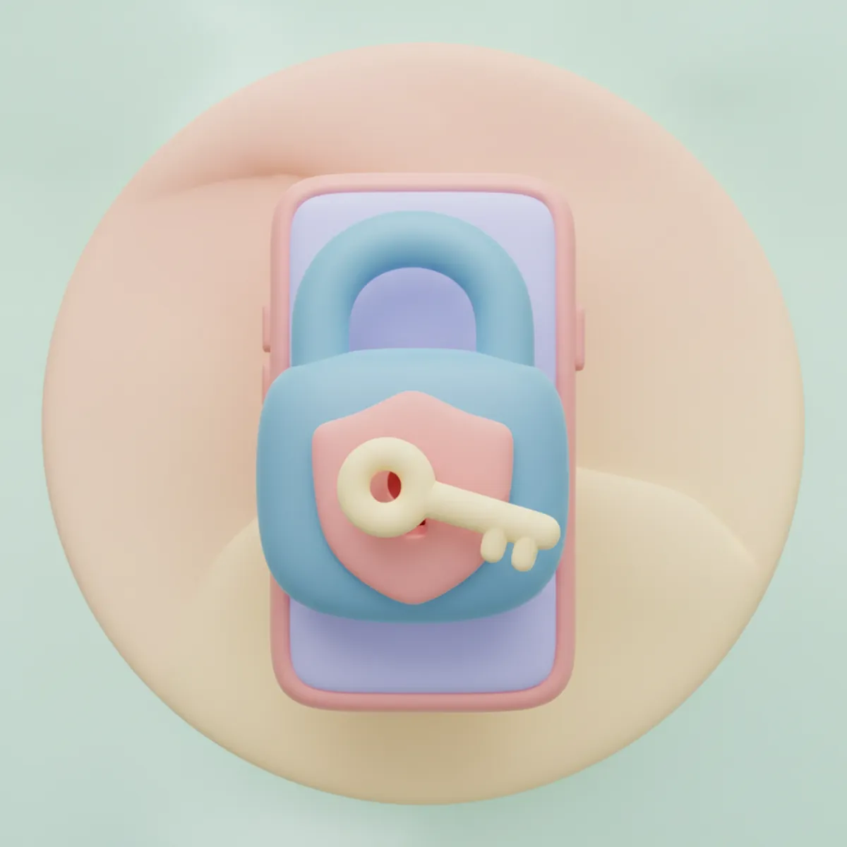 Ilustración de un candado, un escudo y una llave frente a un celular