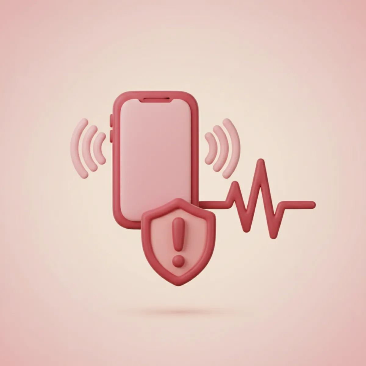Ilustración de un celular emitiendo ondas, un escudo de alerta y la línea de un sismógrafo