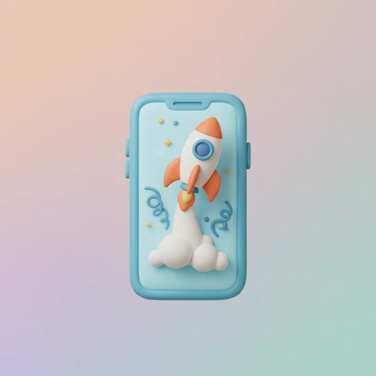 Ilustración de un celular con un cohete despegando de la pantalla