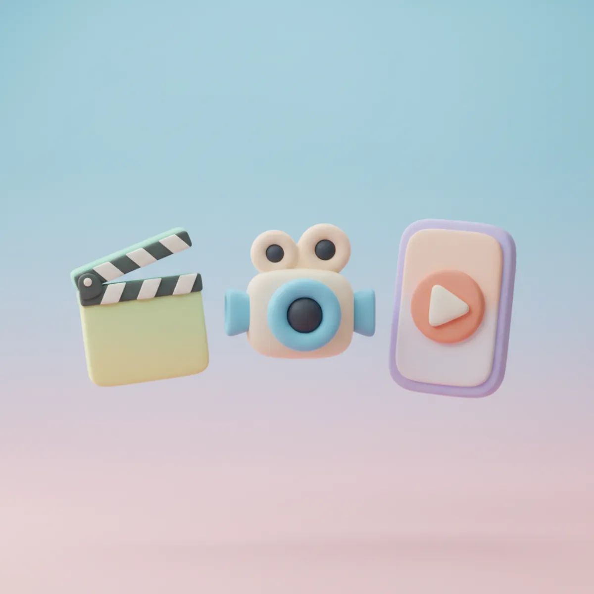 Ilustración de una cámara de video, una claqueta y un celular con botón de reproducir