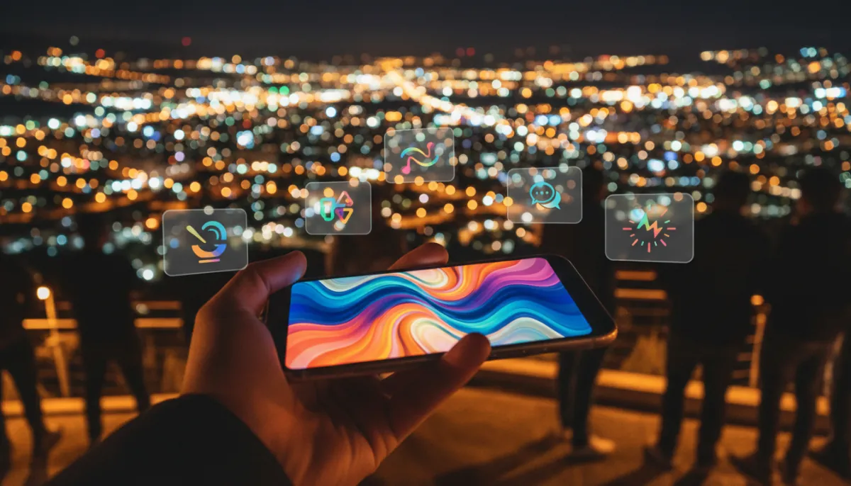 Eine Hand hält ein Handy mit einem Vertikalvideo vor einer nachts beleuchteten Stadt, umgeben von Karten zu Essen, Musik, Spielen, Chat und Erdbebenalarm