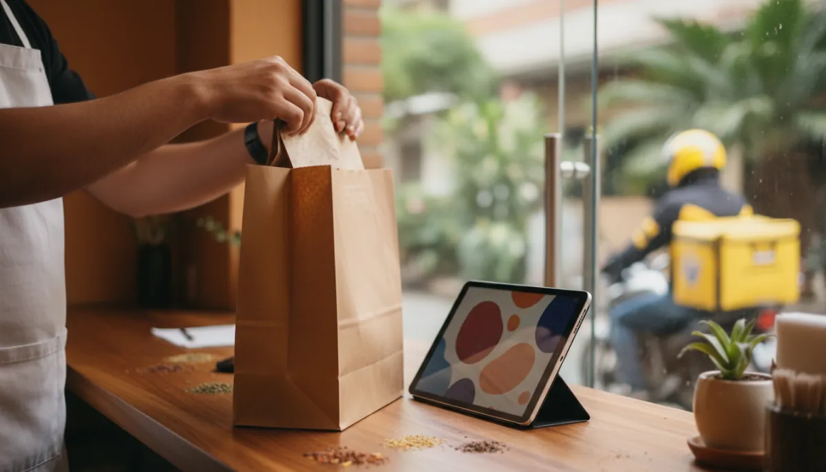 Hände eines Kochs, der eine Bestellung zum Mitnehmen verpackt, neben einem Tablet mit eingehender Bestellung und einem Lieferfahrer, der an der Tür wartet